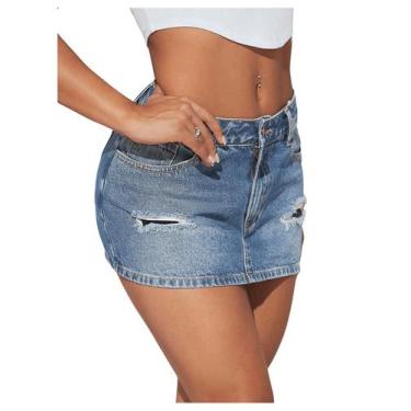 Imagem de Saia jeans SHENHE rasgada, cintura baixa, zíper, mosca, lavagem média