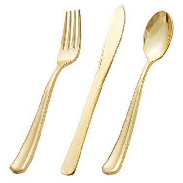 Imagem de Conjunto de talheres BuCla Gold Plastic 600 peças (garfos, colheres, f