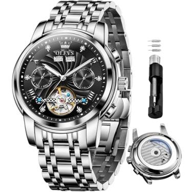 Imagem de OLEVS Relógios automáticos masculinos para negócios, relógio mecânico, aço inoxidável, impermeável, corda automática, clássico, diamante, esqueleto, relógio de pulso masculino, 7088 - prata preta