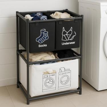 Imagem de Cesto de Roupa Suja e Organizador Estante Para Lavanderia Banheiro Com Dois Andares 3 Cestos Hastes de Metal e TNT, 97x57x28cm Preto