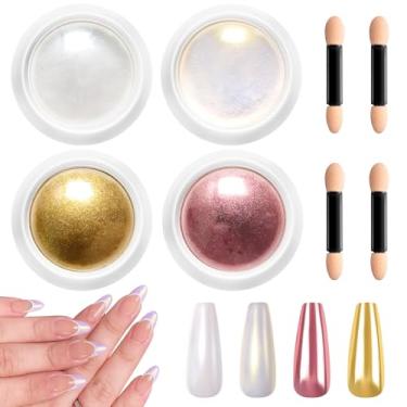 Imagem de Pó de unha cromado dourado BISHENGYF - 【Efeito espelho mágico】 Pó de unhas cromo pérola aurora sereia iridescente branco roas ouro pó cromado pigmento glitter pó para manicure decroação faça você