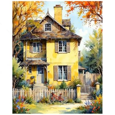 Imagem de Kit de pintura de outono por números para adultos - casa amarela faça você mesmo com pintura de bicicleta e cerca em tela 40,6 x 50 cm, conjunto de tinta acrílica, adequado para iniciantes, arte para