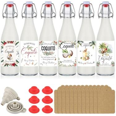 Imagem de Sieral Conjunto de 6 garrafas de coquito de 473 ml, garrafas de vidro com tampa giratória de Natal para extrato de baunilha, caseiro com adesivos de etiqueta, bebida de coquito, licor
