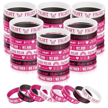 Imagem de AFRITEE 64 pulseiras rosa de conscientização do câncer de mama, acessório de pulseira inspiradora Hope Faith Courage Strength, fita de conscientização do câncer de mama suprimentos de festa