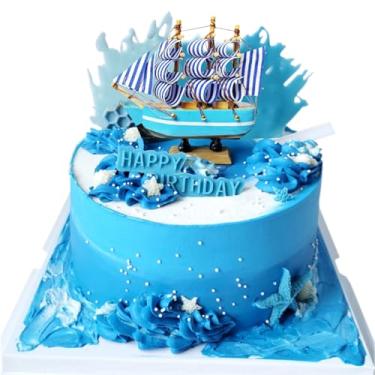 Imagem de Enfeite de bolo de navio tema náutico veleiro enfeites de bolo de aniversário barco de madeira decoração de festa 1 peça