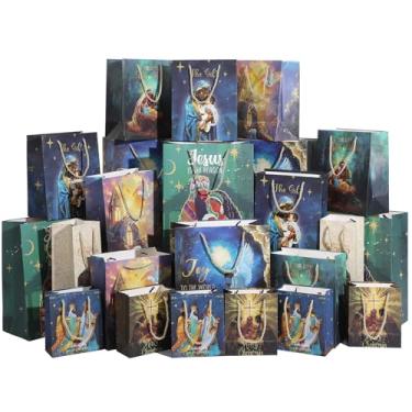 Imagem de Kolldenn Pacote com 24 sacos de presente de Natal religiosos afro-americanos, tamanhos variados, reutilizáveis, grandes, pretos, presépio de Jesus com alça para embrulhar lembrancinhas de festas de