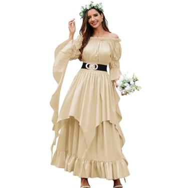 Imagem de KWSTAIN Vestido renascentista feminino vitoriano medieval gótico bruxa fada casamento bege ombro de fora manga bufante vestidos com babados (bege, 2GG/3GG)