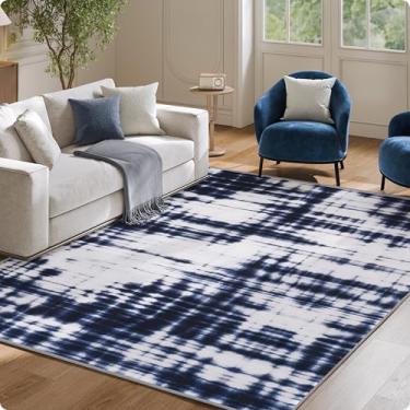 Imagem de Tapete abstrato moderno 1,7 x 1,8 m - antiderrapante lavável à máquina tapete para sala de estar - tapete macio para decoração de casa azul e branco