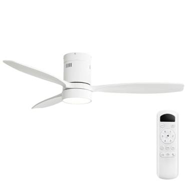 Imagem de Sofucor Ventiladores de teto brancos de perfil baixo de madeira de 132 cm com luzes e controle remoto, ventilador de teto silencioso de montagem embutida moderno para quarto, motocicleta DC reversível