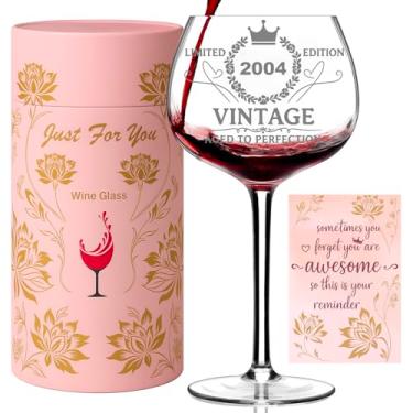 Imagem de Lotnafee Presentes de aniversário de 21 anos para mulheres, taça de vinho vintage 2004 com caixa de presente floral rosa, 21 presentes de vinho para ela, presente engraçado para esposa, irmã, mãe