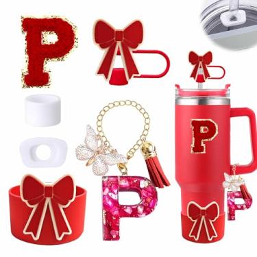 Imagem de Conjunto de 6 peças de acessórios de copo vermelho para copo Stanley Cup de 850 g 1,134 g com alça, incluindo tampa de cobertura de palha de silicone e bota de laço, tampa à prova de derramamento