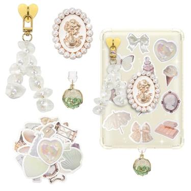 Imagem de DLDXGXNR Lindo conjunto de pingentes de pérola para Kindle - plugue de poeira tipo C, suporte antiderrapante, chaveiro e adesivos de malha delicada para Kindle Paperwhite 11/10 - Presente de leitura