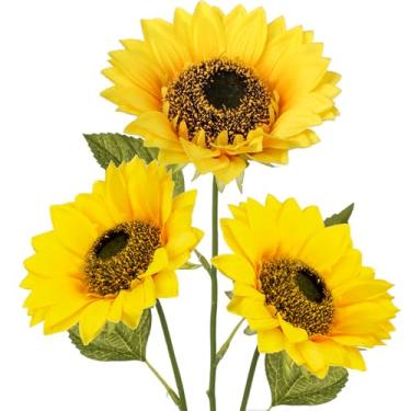 Imagem de Girassóis grandes, flores artificiais, 16 + 18 cm, flor completa, haste longa, girassol artificial, 66 cm de altura, girassóis gigantes de seda com haste, arranjo floral de girassol falso para