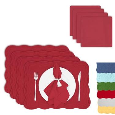 Imagem de ART Pinecone Jogo americano de algodão acolchoado com guardanapos de algodão brancos combinando – Conjunto de 4 tapetes de mesa e 4 guardanapos de pano – Conjunto de linho de mesa branco sólido para