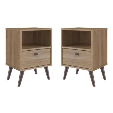 Imagem de Kit 02 Mesa De Cabeceira Nicho 39cm Com Gaveta E Pés Palito Retrô Oak