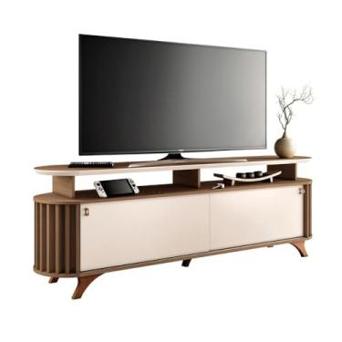 Imagem de Rack Bancada Alba Tv até 70” Polegadas Pés Madeira Maciça Castanho/off White