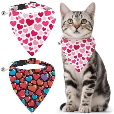 Imagem de GLOBLELAND Pacote com 2 bandanas coloridas para animais de estimação com bandana removível e sino rosa com corações do amor, coleira ajustável para cães, coração vermelho, coleira de gato, cachecol