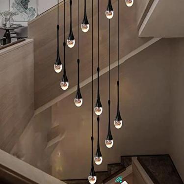 Imagem de Lustre pendente de cristal preto de luxo em formato de gota de chuva para halls de teto alto, luminária de escada com 12 luzes e LED regulável, peça de destaque de entrada de 120'' de altura