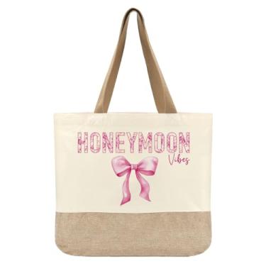 Imagem de Bolsa de lona para presentes de noiva, presente de chá de panela, presente de despedida de solteira para noiva, presente de casamento para esposa, laço rosa, bolsa reutilizável para lua de mel, lua de