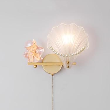 Imagem de Luminária de parede moderna de desenho animado, luminária de parede de vidro com concha branca e interruptor de corrente, decoração de quarto infantil dourado nórdico, luminária de parede co