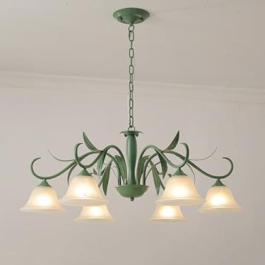 Imagem de Lustre moderno de vidro leitoso com 5 luzes para sala de jantar, grande luminária pendente verde, lustre vintage floral, luminária de teto estilo fazenda nórdica para quarto, sala de estar,