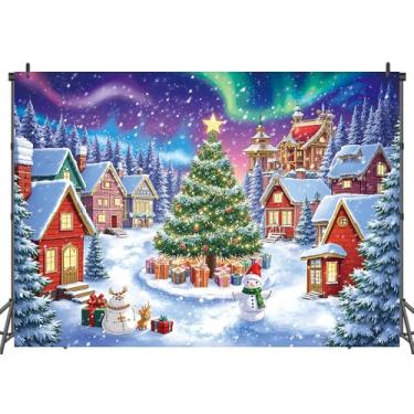 Imagem de LTDKAEN Cenário de vila de Natal, inverno, Natal, aurora, país das maravilhas, casa, árvore de Natal, decoração de festa (2,4 x 1,8 m)