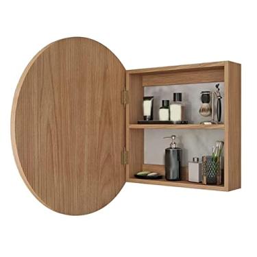 Imagem de AKALNNB Espelho de banheiro redondo armário de espelho de banheiro - armário de espelho de banheiro redondo de madeira - caixa de espelho de madeira montada na parede com armário de parede de