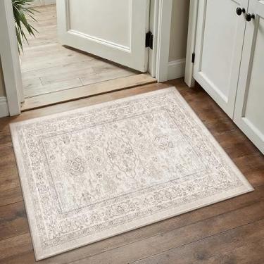 Imagem de HUGEAR Tapete de entrada 2x3 vintage bege pequeno tapete lavável à máquina tapete de porta retrô floral baixo tapete aspirável envelhecido tapete entrada cozinha banheiro quarto antiderrapante leve