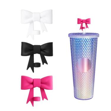 Imagem de Capa de palha com laço compatível com Starbucks Cup Silicone Straw Topper para canudos menores regulares diâmetro 6-8 mm (3 peças (preto + branco + rosa ))