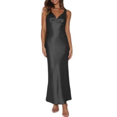 Imagem de Vestido maxi VUBIYA elegante de cetim com decote em V sem encosto para