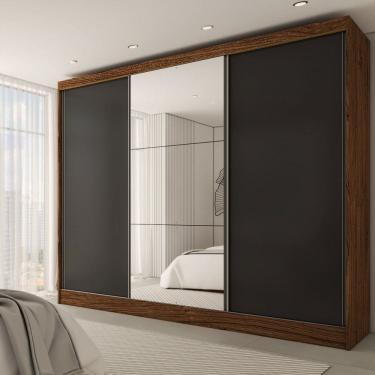 Imagem de Guarda-Roupa Casal Europa 3 Portas 4 Gavetas 100% Mdf com Espelho Castanho/Preto - Panorama Móveis