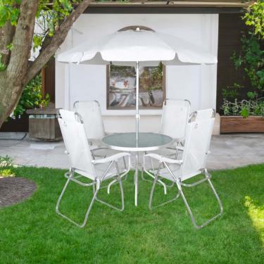 Imagem de Conjunto para Jardim Mesa com Tampo de Vidro e 4 Cadeiras e Ombrellone Noronha Bel - Branco