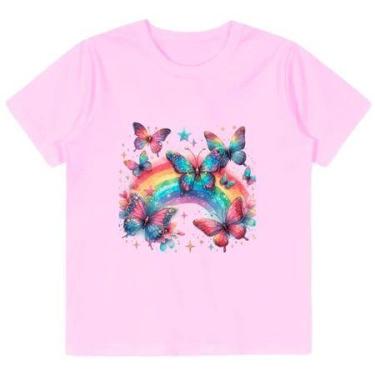 Imagem de camiseta infantil roupa de menina borboleta arco íris camisa crianças 