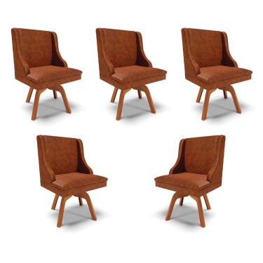 Imagem de Kit 5 Cadeiras Decorativas Sala de Jantar Base Giratória de Madeira Firenze PU Nozes/Natural G19 - Gran Belo