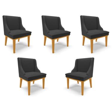 Imagem de Kit 5 Cadeiras Decorativas Sala de Jantar Base Fixa de Madeira Firenze PU Preto Fosco/Castanho G19 - Gran Belo