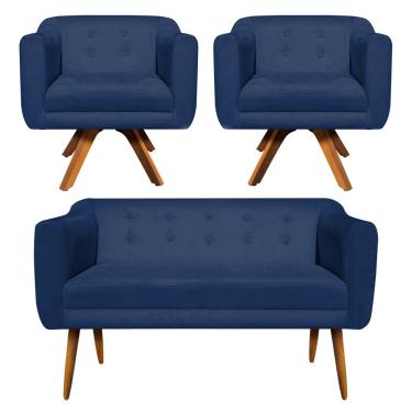 Imagem de Kit 01 Namoradeira 02 Lugares e 02 Poltronas Giratória Julia Suede Azul Marinho Base Madeira MM30 D'Rossi
