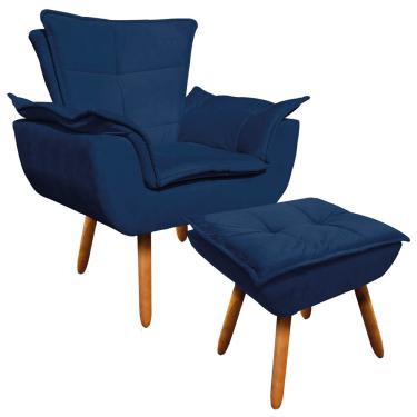 Imagem de Poltrona e Puff Decorativo Pé Palito de Madeira Opala Suede Azul Marinho D03 - D'Rossi