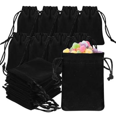 Imagem de CIATBYYJ 12 bolsas de joias de veludo com cordão – 9 x 7 cm pequenas bolsas de presente de tecido com cordão, saco de doces para lembrancinhas de festa de casamento (preto)