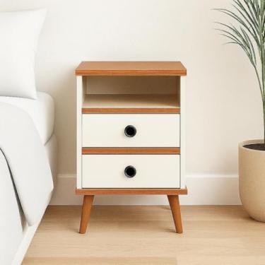 Imagem de Mesa de Cabeceira com 2 Gavetas e Nicho Compacta para Quarto Moderno e Organização(Branco/Freijo)
