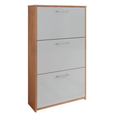 Imagem de Sapateira Basculante Slim, Sapateira Organizadora 3 Portas Armário Multiuso para Hall Entrada Quarto Sala(Freijó/Off White)