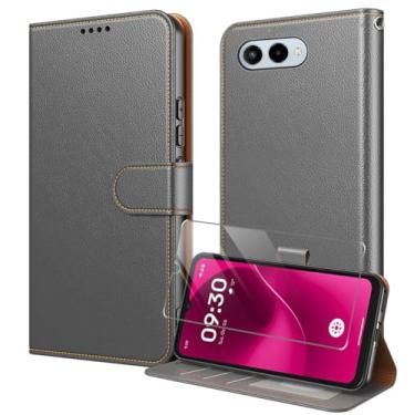 Imagem de Capa T-Mobile Revvl 8 TMRV085G com protetor de tela de vidro temperado PU Leather Folio Flip [bloqueio RFID] [suporte] [porta-cartões] Capa magnética TPU à prova de choque - Cinza