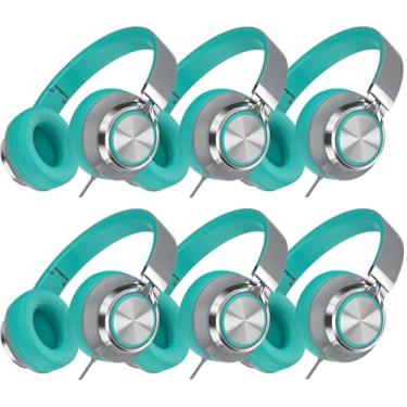 Imagem de MIXCU Fones de ouvido com fio, pacote com 6 para crianças em idade escolar, adolescentes, over-ear para sala de aula, Chromebook com microfone, conector de 3,5 mm, cabo dobrável, sem embaraço - menta