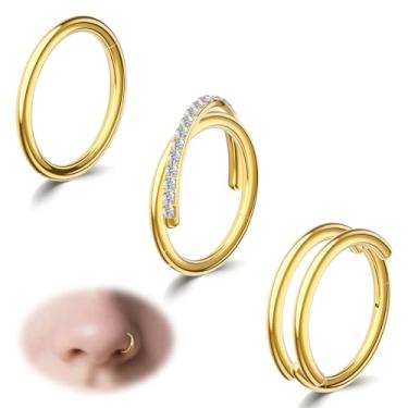 Imagem de davka 3 peças de anéis de nariz de ouro 18G – argola única/aro duplo/argola dupla em forma de X para mulheres e homens, banhado a ouro 14K hipoalergênico 316L aço inoxidável septo/piercing de narina