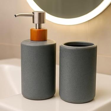 Imagem de Kit Banheiro Cerâmica 2 Peças - Porta Sabonete Líquido e Porta Escova para Decoração Lavabo(SNOW CINZA)