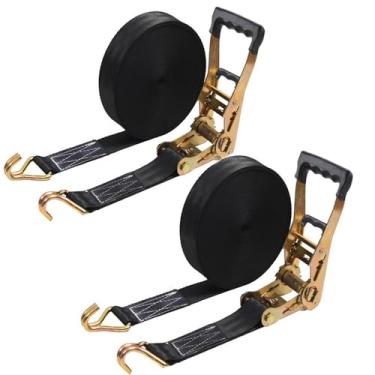 Imagem de Pacote com 2 correias de catraca resistentes, 3,628 kg de resistência à ruptura com alça de catraca amarrada, 5 cm x 8,2 m, tiras pretas para caminhão de carga com gancho duplo J durável para