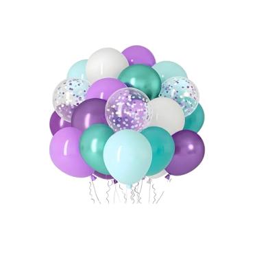 Imagem de Pacote com 30 balões de látex roxos, azuis e brancos de 30 cm com fitas para aniversário, casamento, chá de bebê, formatura, revelação de gênero de noivado, aniversário, Natal, decorações de festas de