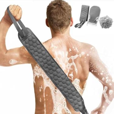 Imagem de 3 peças de esfregão traseiro com alças, luva de banho, buchas de chuveiro de esponja, toalha de banho dupla face para homens e mulheres (Gery)