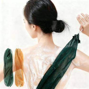 Imagem de 2 peças de esponja de rede africana, conjunto de esponja de banho esfoliante, chuveiro e esfregão traseiro para acessórios de cuidados com o corpo, verde exército e amarelo escuro