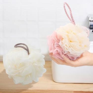 Imagem de Esponja de bucha, bucha de banho, esponja de banho esfoliante, dois painéis de cores, cuidados essenciais para a pele do chuveiro.