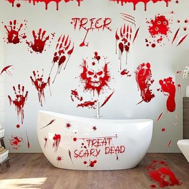 Imagem de 9 folhas adesivos para janela de Dia das Bruxas, impressão de mão ensanguentada pegada de caveira, decalques de filme assustador de terror, descasque e cole faça você mesmo, decorações de silhueta